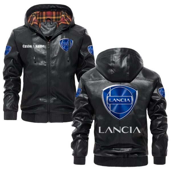 Custom Name Lancia PU Leather Hooded Jacket - Personalized Logo Car Motorcycle Model