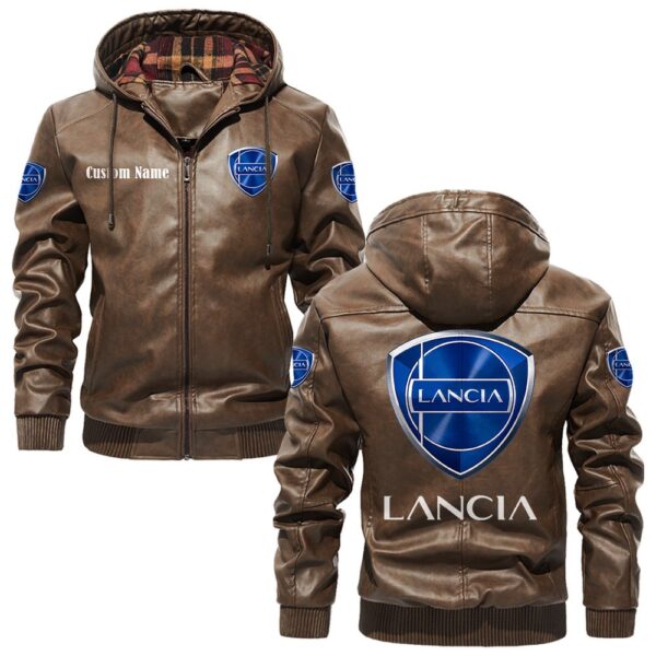 Custom Name Lancia PU Leather Hooded Jacket - Personalized Logo Car Motorcycle Model - Image 3