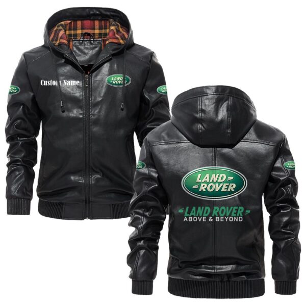 Custom Name Land Rover PU Leather Hooded Jacket - Personalized Logo Car Motorcycle Model