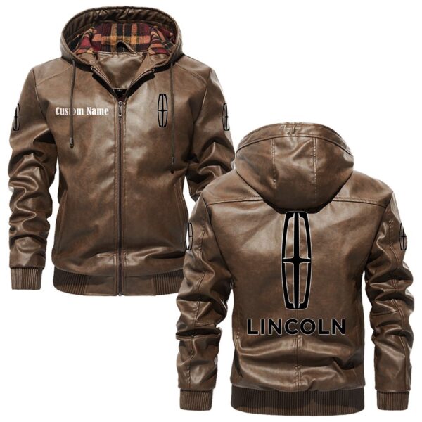 Custom Name Lincoln PU Leather Hooded Jacket - Personalized Logo Car Motorcycle Model - Image 3