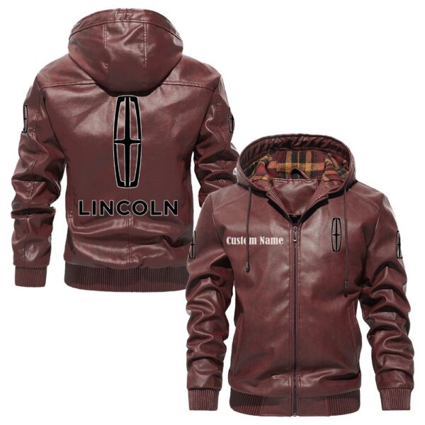 Custom Name Lincoln PU Leather Hooded Jacket - Personalized Logo Car Motorcycle Model - Image 2