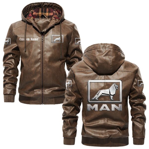 Custom Name Man PU Leather Hooded Jacket - Personalized Logo Car Motorcycle Model - Image 3