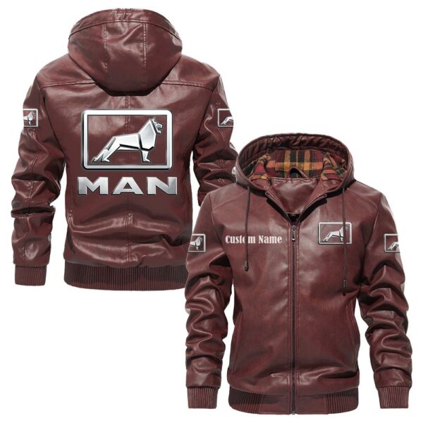Custom Name Man PU Leather Hooded Jacket - Personalized Logo Car Motorcycle Model - Image 2