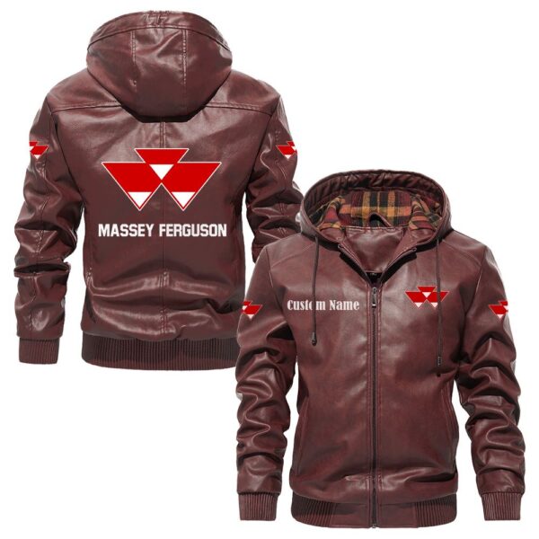 Custom Name Massey Ferguson PU Leather Hooded Jacket - Personalized Logo Car Motorcycle Model - Image 2