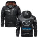 Custom Name Mazda PU Leather Hooded Jacket - Personalized Logo Car Motorcycle Model