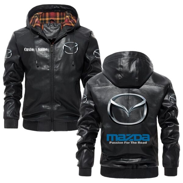 Custom Name Mazda PU Leather Hooded Jacket - Personalized Logo Car Motorcycle Model