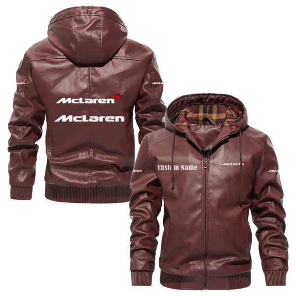 Custom Name Mclaren Automotive PU Leather Hooded Jacket - Personalized Logo Car Motorcycle Model - Image 2