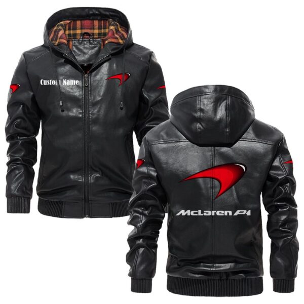 Custom Name Mclaren PU Leather Hooded Jacket - Personalized Logo Car Motorcycle Model