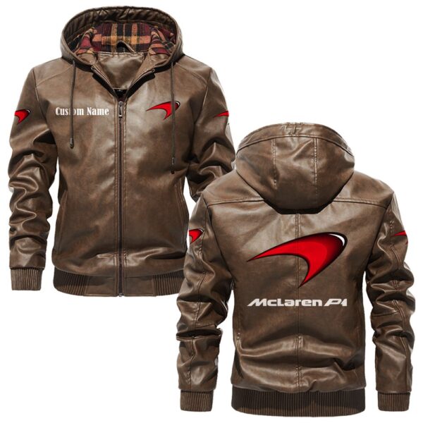 Custom Name Mclaren PU Leather Hooded Jacket - Personalized Logo Car Motorcycle Model - Image 3