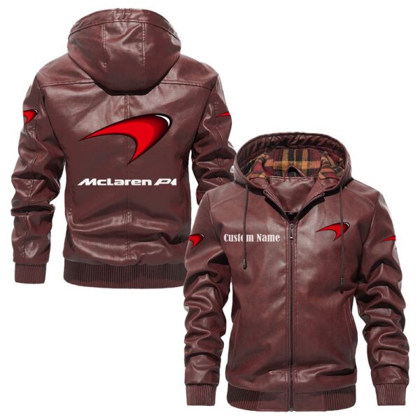 Custom Name Mclaren PU Leather Hooded Jacket - Personalized Logo Car Motorcycle Model - Image 2