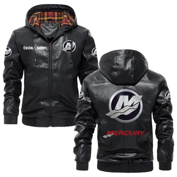 Custom Name Mercury Marine PU Leather Hooded Jacket - Personalized Logo Car Motorcycle Model