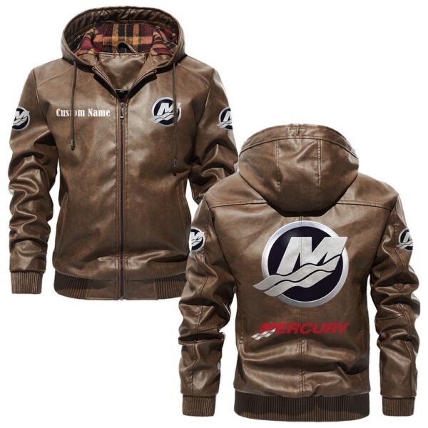 Custom Name Mercury Marine PU Leather Hooded Jacket - Personalized Logo Car Motorcycle Model - Image 3