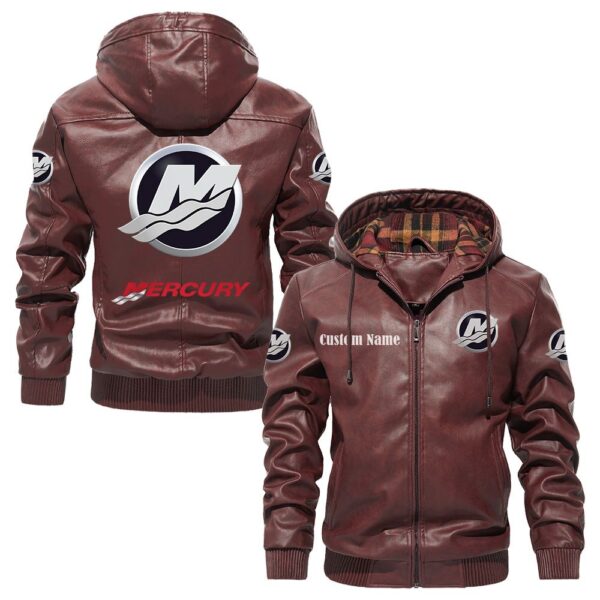 Custom Name Mercury Marine PU Leather Hooded Jacket - Personalized Logo Car Motorcycle Model - Image 2