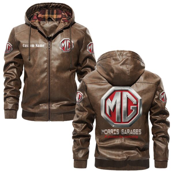 Custom Name Mg Cars PU Leather Hooded Jacket - Personalized Logo Car Motorcycle Model - Image 3