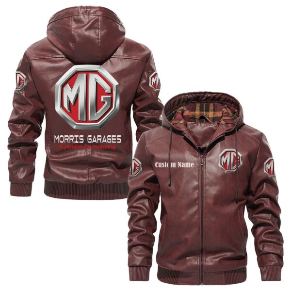 Custom Name Mg Cars PU Leather Hooded Jacket - Personalized Logo Car Motorcycle Model - Image 2