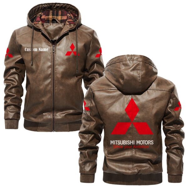 Custom Name Mitsubishi PU Leather Hooded Jacket - Personalized Logo Car Motorcycle Model - Image 3
