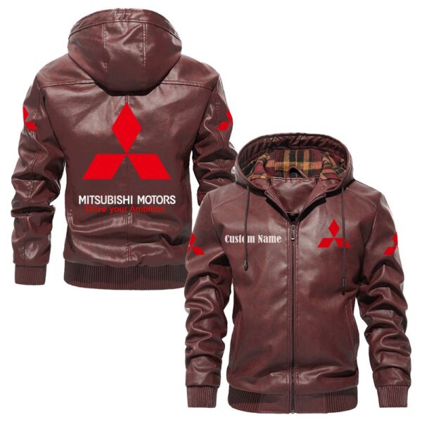 Custom Name Mitsubishi PU Leather Hooded Jacket - Personalized Logo Car Motorcycle Model - Image 2