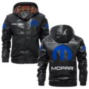 Custom Name Mopar PU Leather Hooded Jacket - Personalized Logo Car Motorcycle Model