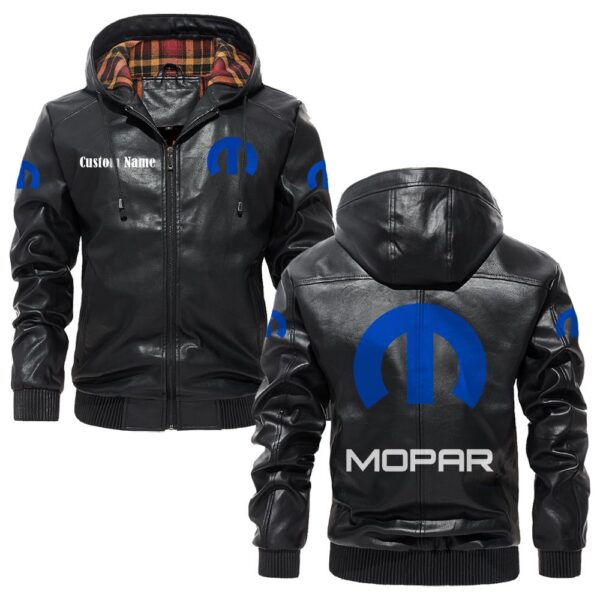 Custom Name Mopar PU Leather Hooded Jacket - Personalized Logo Car Motorcycle Model