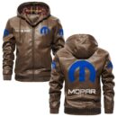 Custom Name Mopar PU Leather Hooded Jacket - Personalized Logo Car Motorcycle Model