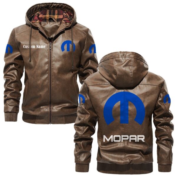 Custom Name Mopar PU Leather Hooded Jacket - Personalized Logo Car Motorcycle Model - Image 3