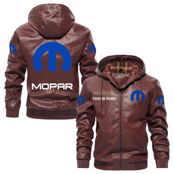 Custom Name Mopar PU Leather Hooded Jacket - Personalized Logo Car Motorcycle Model - Image 2