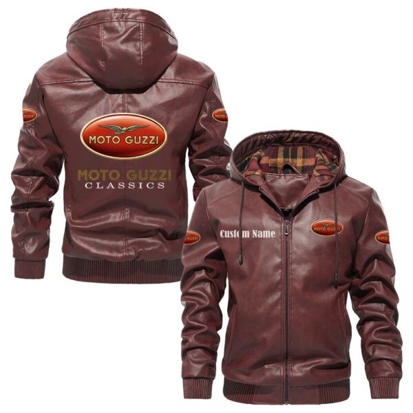 Custom Name Moto Guzzi PU Leather Hooded Jacket - Personalized Logo Car Motorcycle Model - Image 2