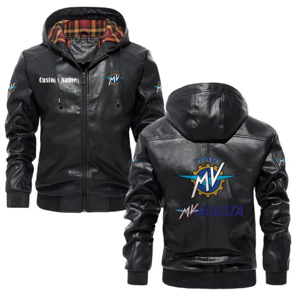 Custom Name Mv Agusta PU Leather Hooded Jacket - Personalized Logo Car Motorcycle Model