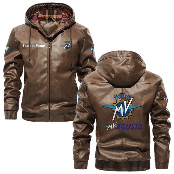 Custom Name Mv Agusta PU Leather Hooded Jacket - Personalized Logo Car Motorcycle Model - Image 3