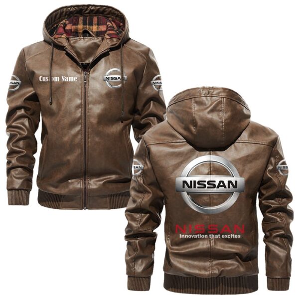 Custom Name Nissan PU Leather Hooded Jacket - Personalized Logo Car Motorcycle Model - Image 3