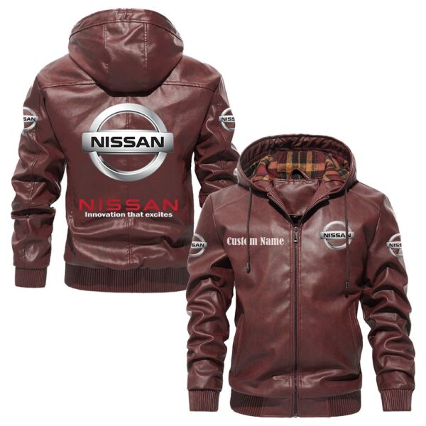 Custom Name Nissan PU Leather Hooded Jacket - Personalized Logo Car Motorcycle Model - Image 2