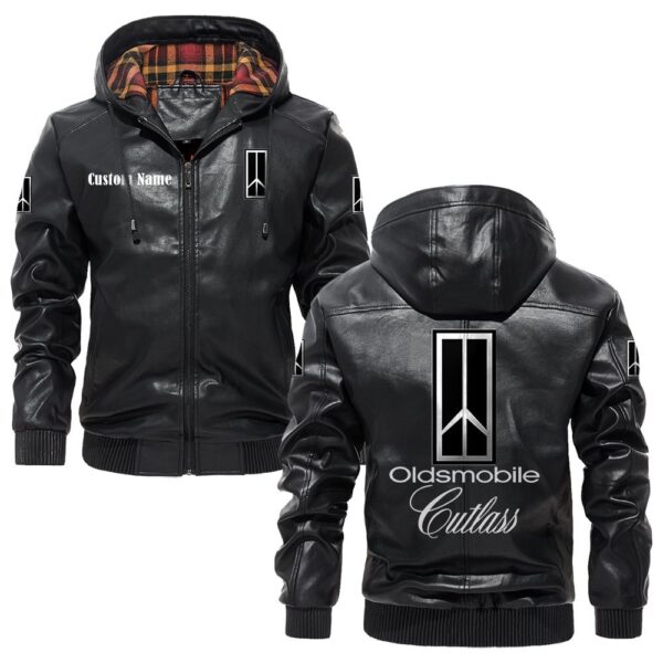 Custom Name Oldsmobile Cutlass PU Leather Hooded Jacket - Personalized Logo Car Motorcycle Model