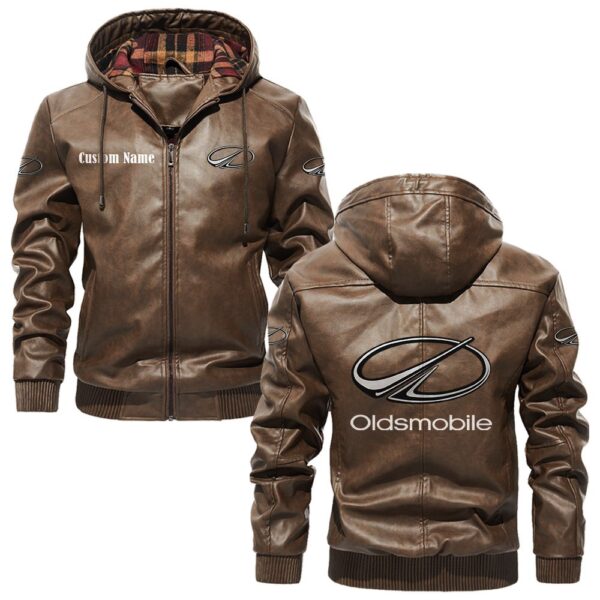Custom Name Oldsmobile PU Leather Hooded Jacket - Personalized Logo Car Motorcycle Model - Image 3