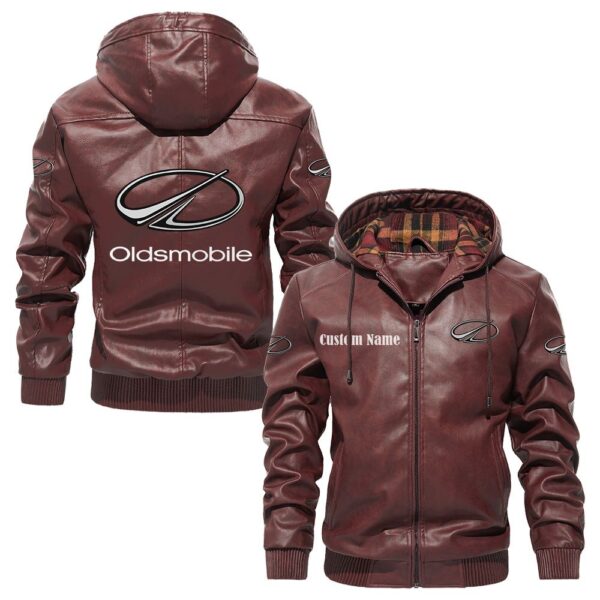 Custom Name Oldsmobile PU Leather Hooded Jacket - Personalized Logo Car Motorcycle Model - Image 2