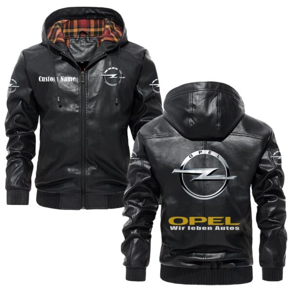 Custom Name Opel PU Leather Hooded Jacket - Personalized Logo Car Motorcycle Model