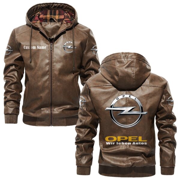 Custom Name Opel PU Leather Hooded Jacket - Personalized Logo Car Motorcycle Model - Image 3