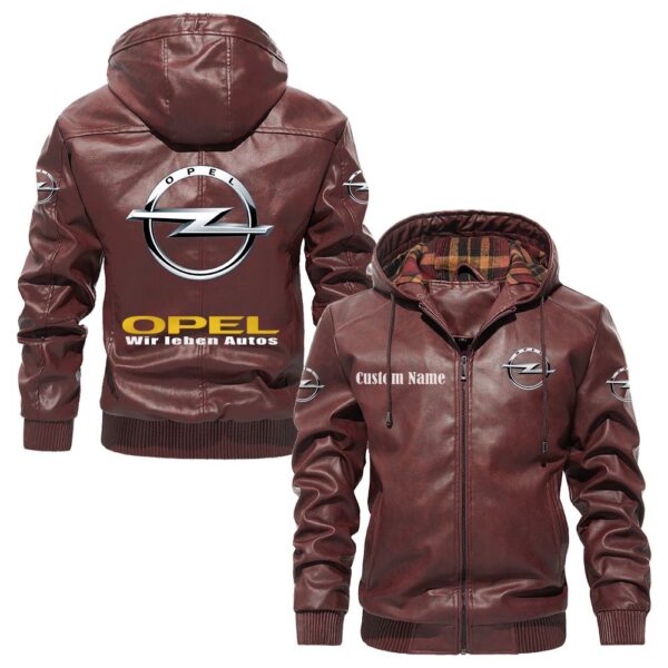 Custom Name Opel PU Leather Hooded Jacket - Personalized Logo Car Motorcycle Model - Image 2