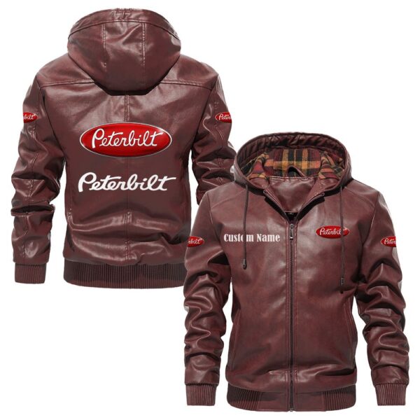 Custom Name Peterbilt PU Leather Hooded Jacket - Personalized Logo Car Motorcycle Model - Image 2
