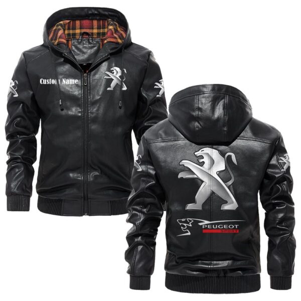 Custom Name Peugeot PU Leather Hooded Jacket - Personalized Logo Car Motorcycle Model