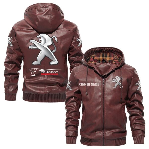 Custom Name Peugeot PU Leather Hooded Jacket - Personalized Logo Car Motorcycle Model - Image 2