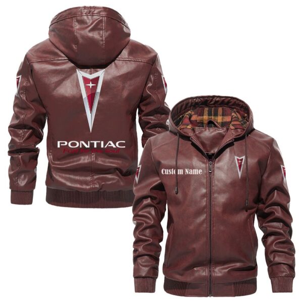 Custom Name Pontiac PU Leather Hooded Jacket - Personalized Logo Car Motorcycle Model - Image 2