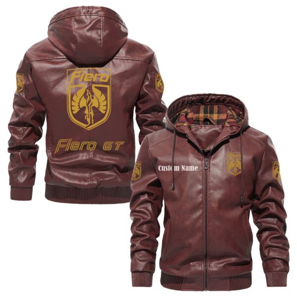 Custom Name Pontiac Fiero PU Leather Hooded Jacket - Personalized Logo Car Motorcycle Model - Image 2