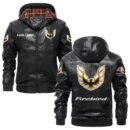 Custom Name Pontiac Firebird PU Leather Hooded Jacket - Personalized Logo Car Motorcycle Model