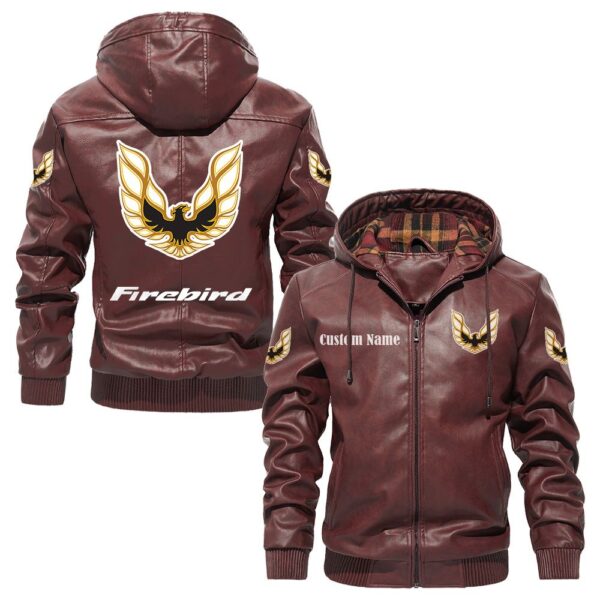 Custom Name Pontiac Firebird PU Leather Hooded Jacket - Personalized Logo Car Motorcycle Model - Image 2
