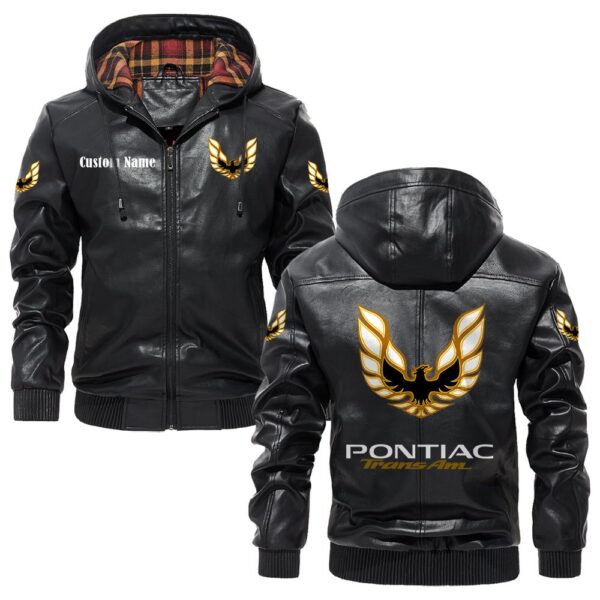 Custom Name Pontiac Trans Am PU Leather Hooded Jacket - Personalized Logo Car Motorcycle Model