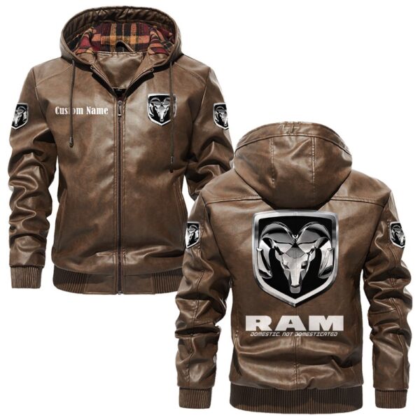 Custom Name Ram PU Leather Hooded Jacket - Personalized Logo Car Motorcycle Model - Image 3