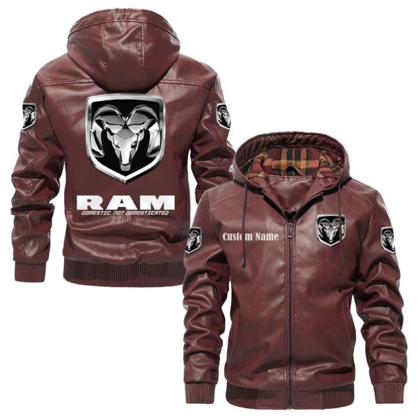 Custom Name Ram PU Leather Hooded Jacket - Personalized Logo Car Motorcycle Model - Image 2