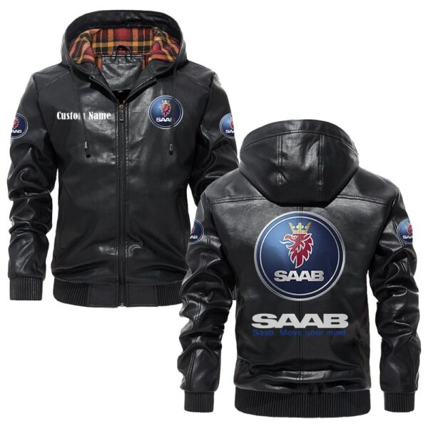 Custom Name Saab PU Leather Hooded Jacket - Personalized Logo Car Motorcycle Model
