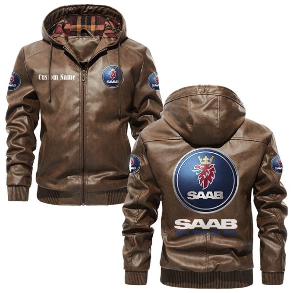Custom Name Saab PU Leather Hooded Jacket - Personalized Logo Car Motorcycle Model - Image 3
