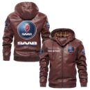 Custom Name Saab PU Leather Hooded Jacket - Personalized Logo Car Motorcycle Model